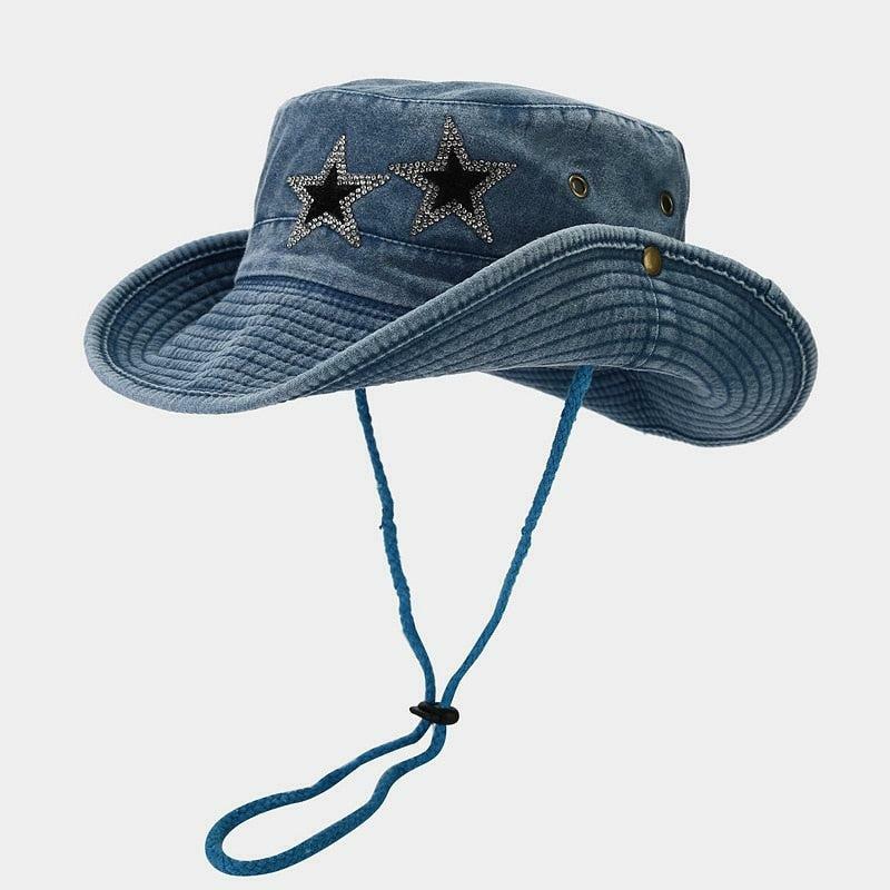 Disco Cowgirl Star Print Denim Hat - Y2K Aesthetic Fashion Essential