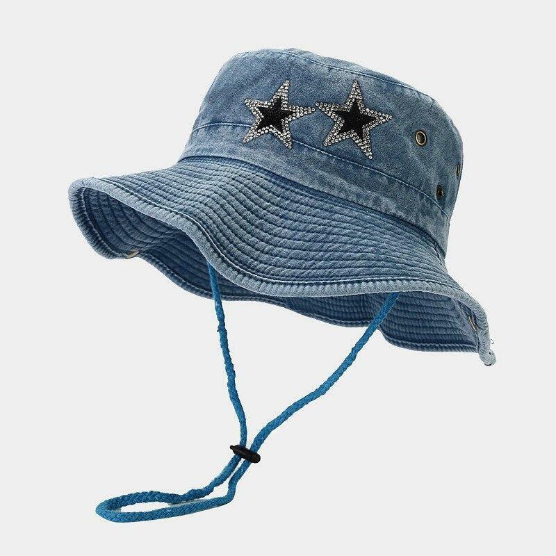 Disco Cowgirl Star Print Denim Hat - Y2K Aesthetic Fashion Essential