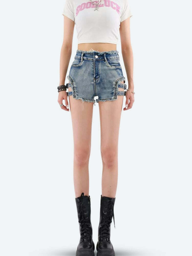 Distressed Cut Out Denim Shorts - Y2K Fashion & Aesthetic Coquette Style