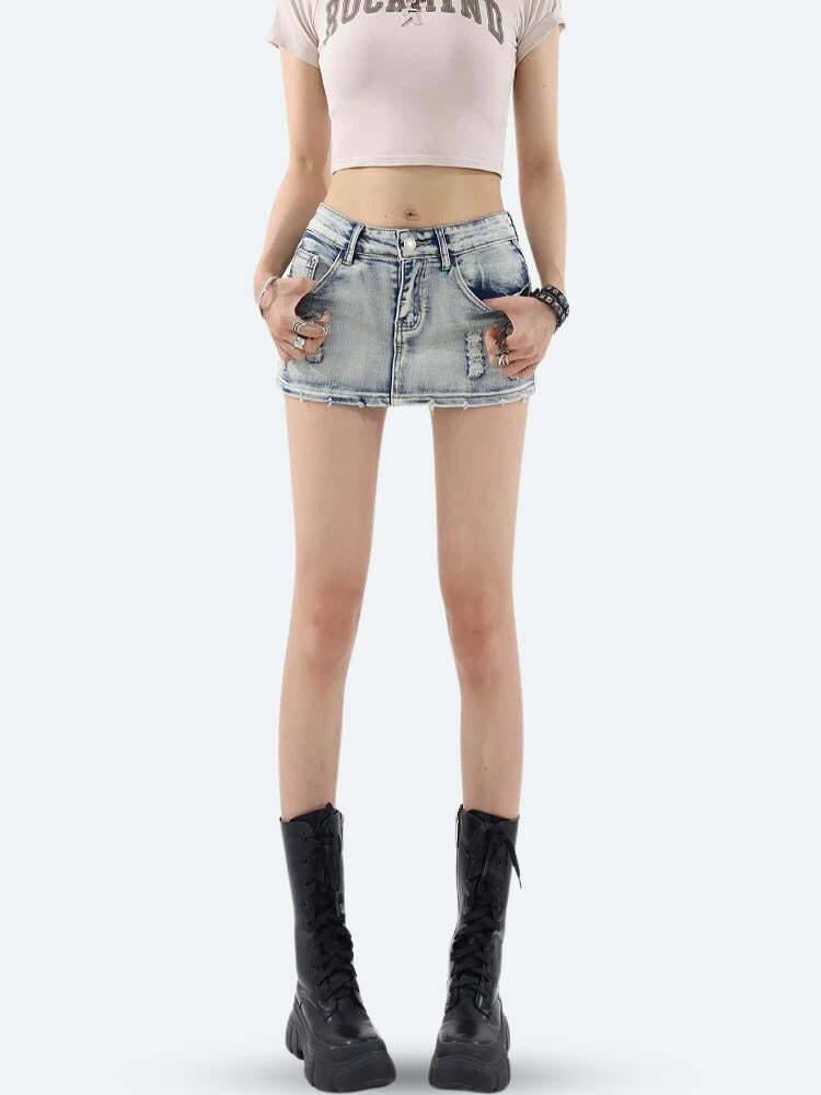 Distressed Low Rise Mini Skirt - Y2K Fashion, Aesthetic Coquette Style