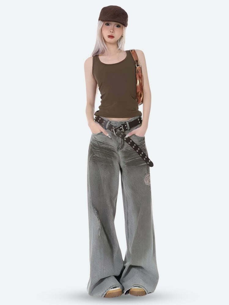 Distressed Wide Leg Jeans - Y2K Fashion, Aesthetic Grunge Style