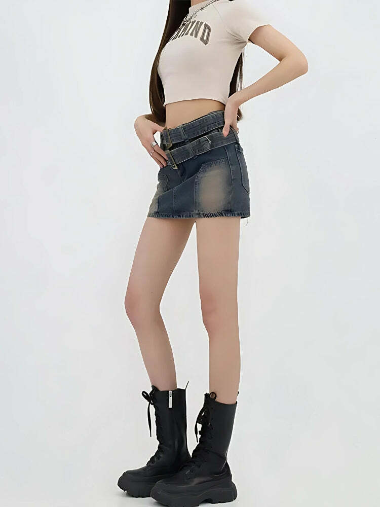 Double Belted Denim Mini Skort - Y2K Fashion Meets Aesthetic Coquette Style