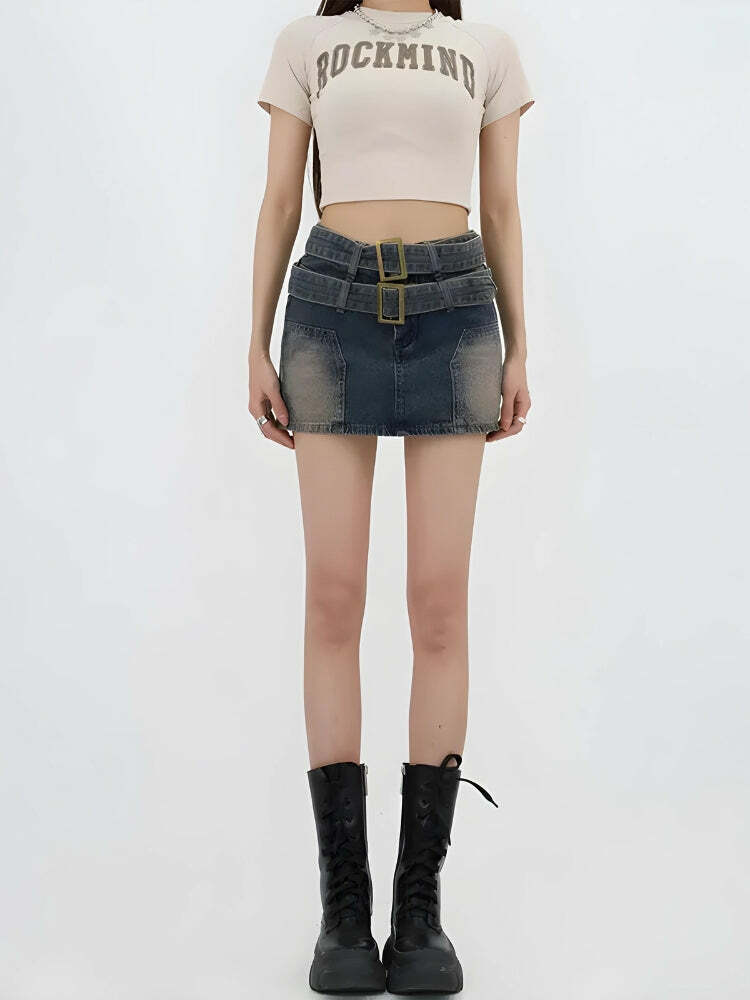 Double Belted Denim Mini Skort - Y2K Fashion Meets Aesthetic Coquette Style