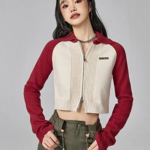 Double Zip-Up Crop Cardigan - Y2K Fashion Essential for Aesthetic Outfits