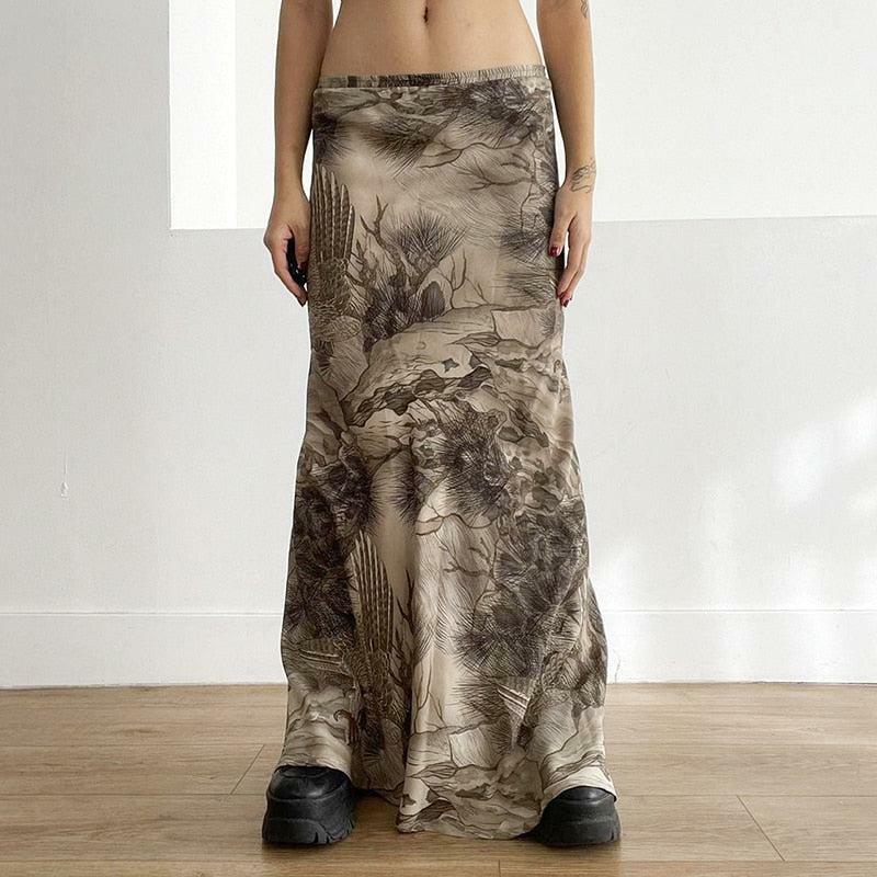 Fairy Grunge Aesthetic Maxi Skirt with Ruffles and Floral Print