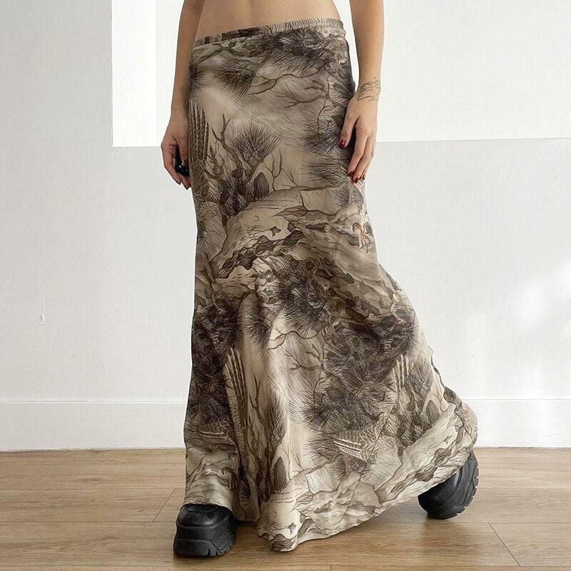 Fairy Grunge Aesthetic Maxi Skirt with Ruffles and Floral Print