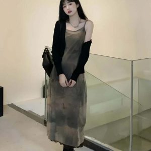 Fairy Grunge Aesthetic Midi Dress with Ruffle Details and Bow Accents