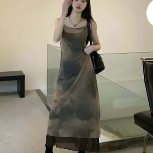 Fairy Grunge Aesthetic Midi Dress with Ruffle Details and Bow Accents