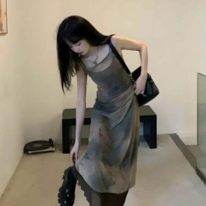 Fairy Grunge Aesthetic Midi Dress with Ruffle Details and Bow Accents
