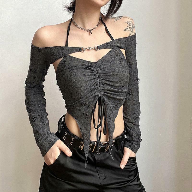 Fairy Grunge Halter Top with Detachable Sleeves for Aesthetic Vibes