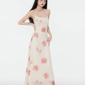 Floral Mesh Spaghetti Strap Maxi Dress - Y2K Aesthetic Coquette Style