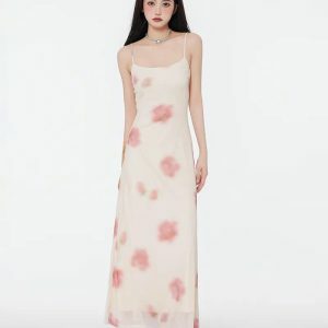 Floral Mesh Spaghetti Strap Maxi Dress - Y2K Aesthetic Coquette Style