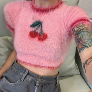 Fluffy Cherry Crop Top: Y2K Aesthetic Coquette Style for Trendy Looks