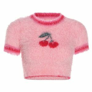 Fluffy Cherry Crop Top: Y2K Aesthetic Coquette Style for Trendy Looks