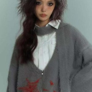 Fluffy Grunge Scarf Tie Cardigan - Aesthetic Layering Essential