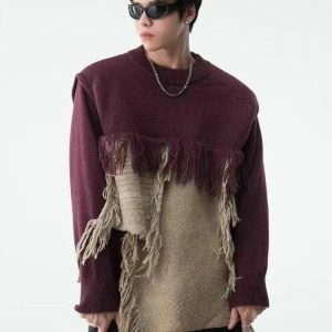 Fringe Patchwork Knitted Sweater - Y2K Aesthetic for Cozy Style