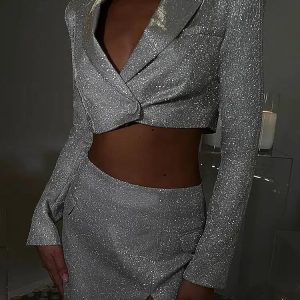 Glittery Y2K Crop Jacket & Mini Skirt Set for Aesthetic Coquette Style