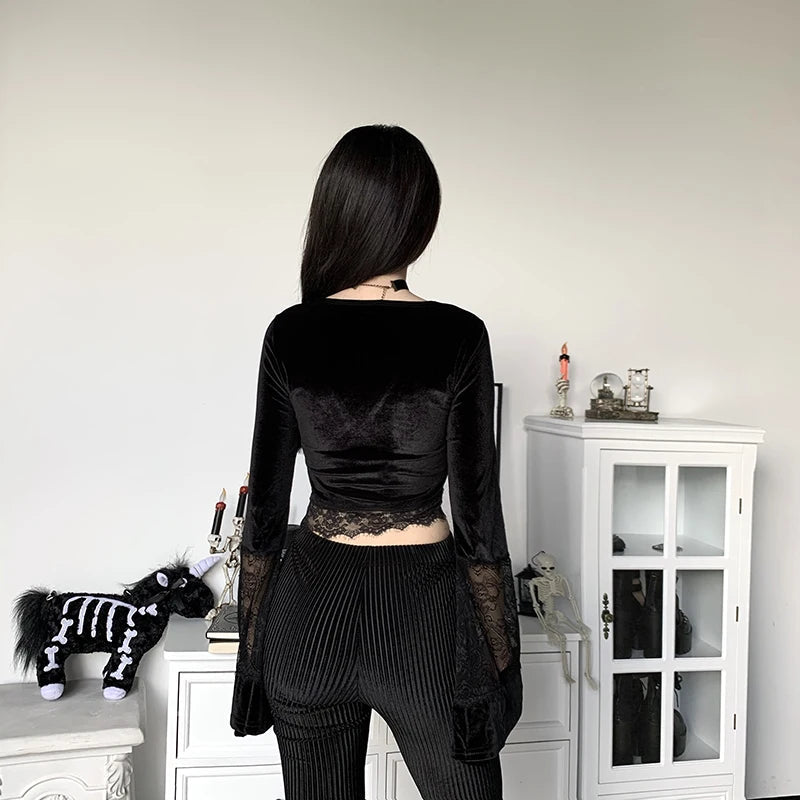 Goth Lace Flare Cuffs Crop Top - Y2K Aesthetic Coquette Fashion Essential