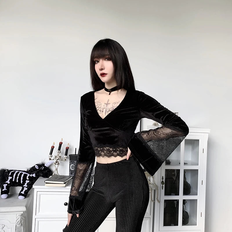 Goth Lace Flare Cuffs Crop Top - Y2K Aesthetic Coquette Fashion Essential