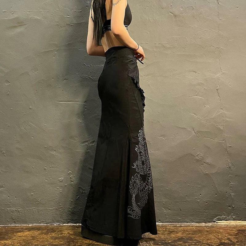 Gothic Dragon Print Maxi Skirt - Y2K Aesthetic Grunge Fashion Statement