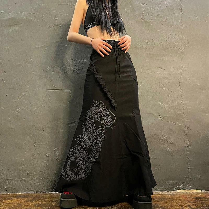 Gothic Dragon Print Maxi Skirt - Y2K Aesthetic Grunge Fashion Statement