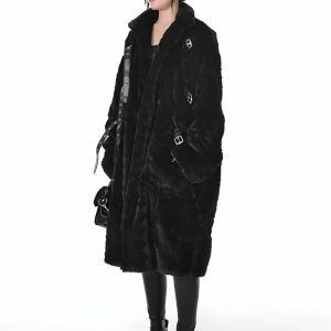 Gothic Faux Fur Fluffy Long Jacket for Aesthetic Grunge and Coquette Styles