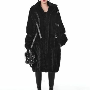 Gothic Faux Fur Fluffy Long Jacket for Aesthetic Grunge and Coquette Styles