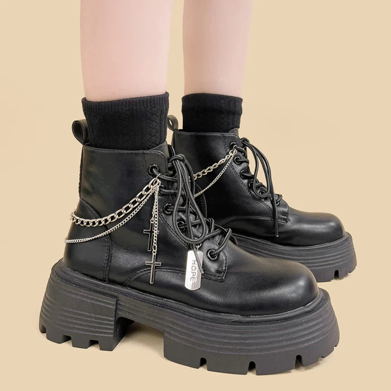 Grunge Chain Cross Combat Boots - Y2K Aesthetic for Trendy Styles