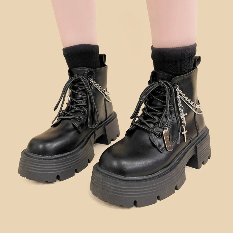 Grunge Chain Cross Combat Boots - Y2K Aesthetic for Trendy Styles