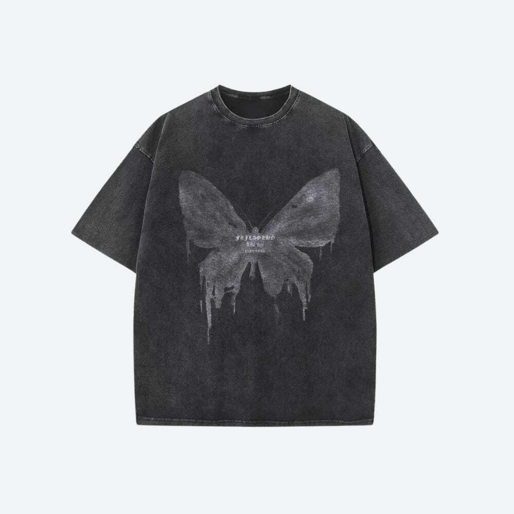 Grunge Distressed Butterfly Tee - Y2K Aesthetic Coquette Style Top