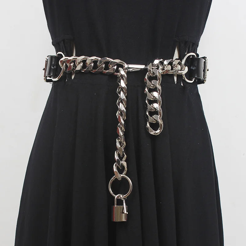 Grunge Lock Faux Leather Chain Belt - Aesthetic Accessory for Y2K Style