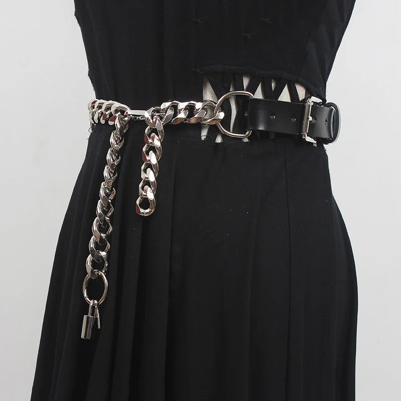 Grunge Lock Faux Leather Chain Belt - Aesthetic Accessory for Y2K Style