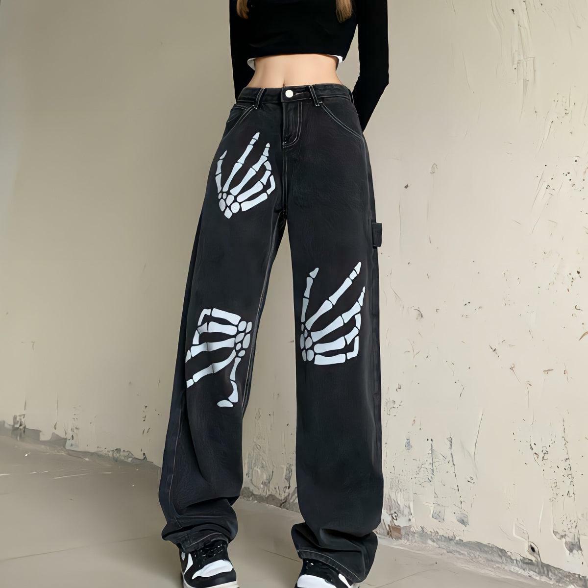 Grunge Skeleton Hand Printed Jeans - Y2K Aesthetic for Trendy Styles