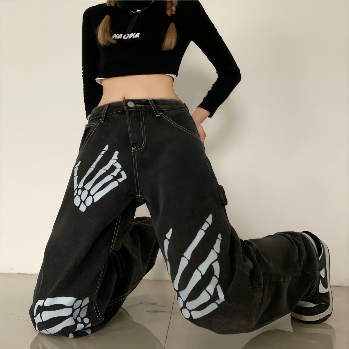 Grunge Skeleton Hand Printed Jeans - Y2K Aesthetic for Trendy Styles