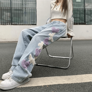 Heart Patchwork Straight Leg Jeans - Y2K Aesthetic Grunge Style