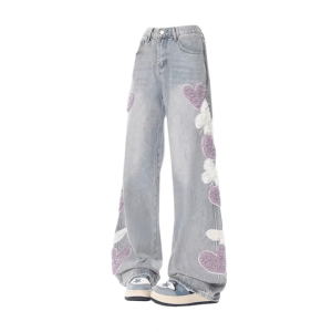 Heart Patchwork Straight Leg Jeans - Y2K Aesthetic Grunge Style