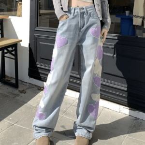 Heart Patchwork Straight Leg Jeans - Y2K Aesthetic Grunge Style