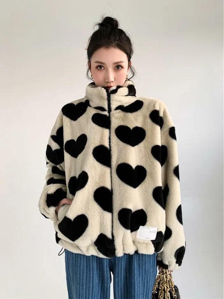 Heart Pattern Teddy Jacket - Y2K Aesthetic Coquette Style Outerwear