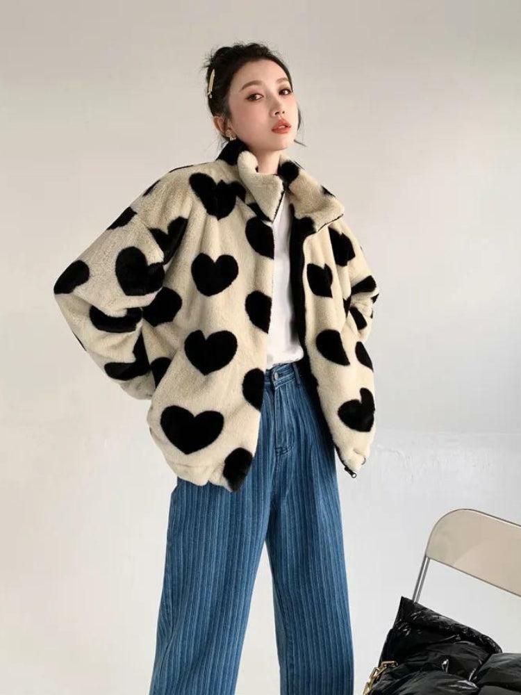 Heart Pattern Teddy Jacket - Y2K Aesthetic Coquette Style Outerwear