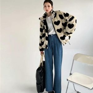 Heart Pattern Teddy Jacket - Y2K Aesthetic Coquette Style Outerwear