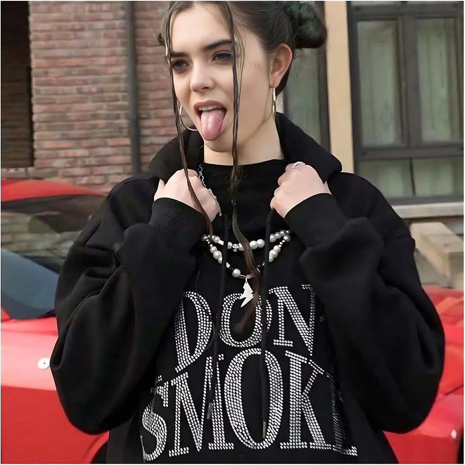 I Don't Smoke Rhinestone Hoodie - Y2K Aesthetic Grunge Fashion Statement