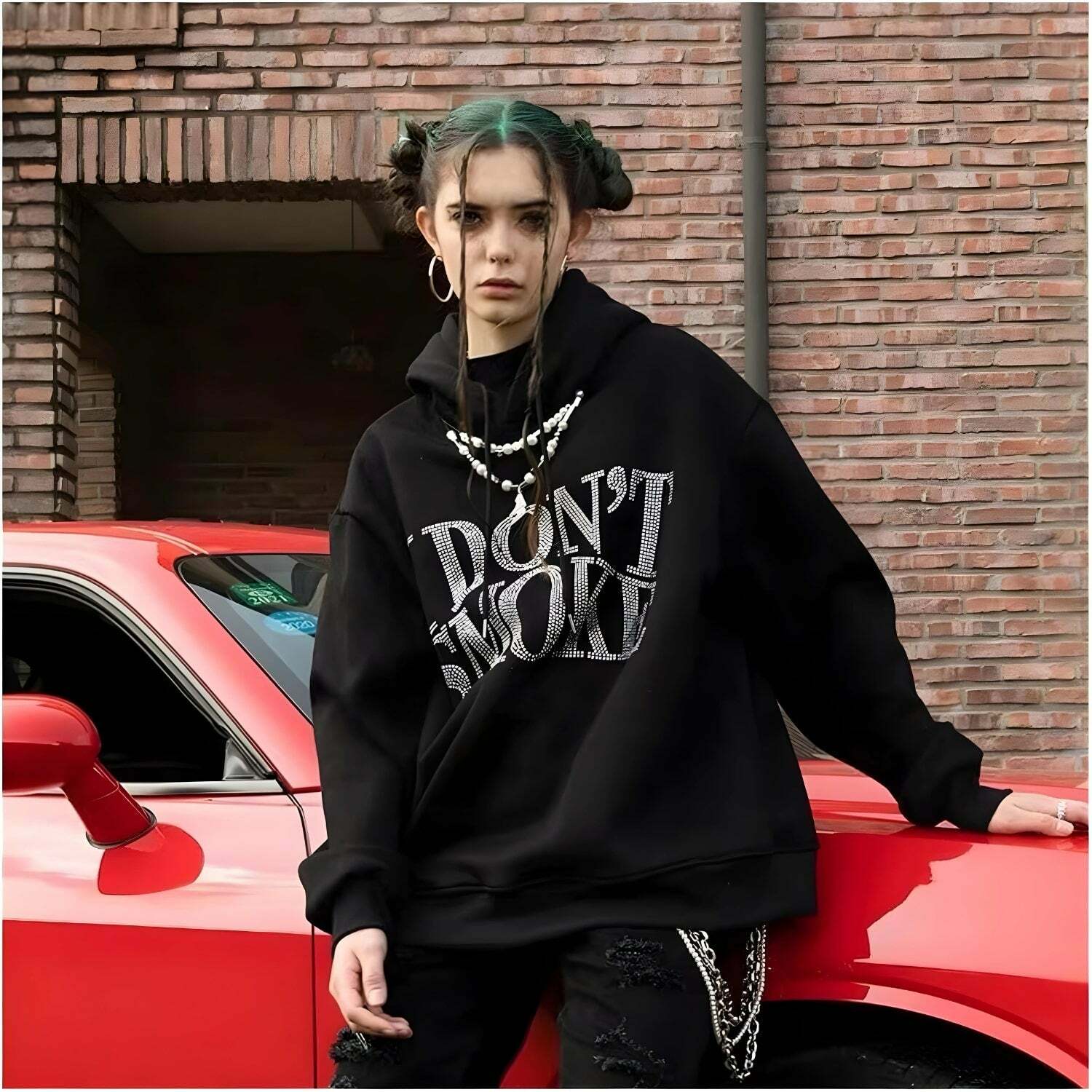 I Don't Smoke Rhinestone Hoodie - Y2K Aesthetic Grunge Fashion Statement