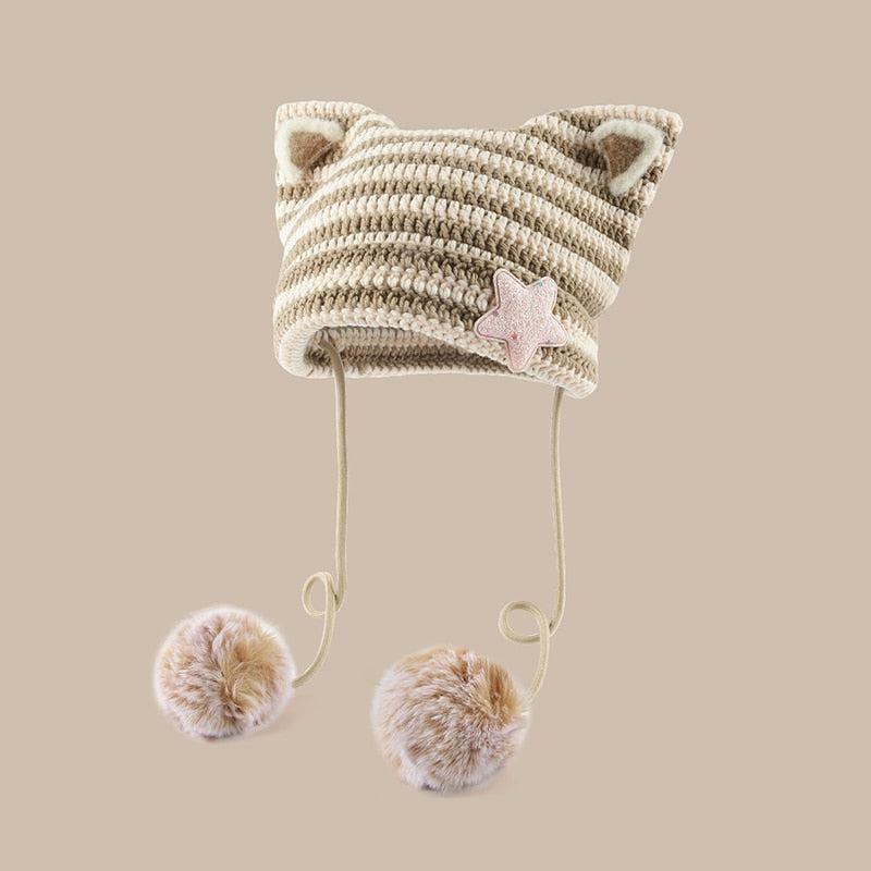 Kawaii Cat Ear Pom-Pom Beanie - Y2K Aesthetic Winter Fashion Accessory