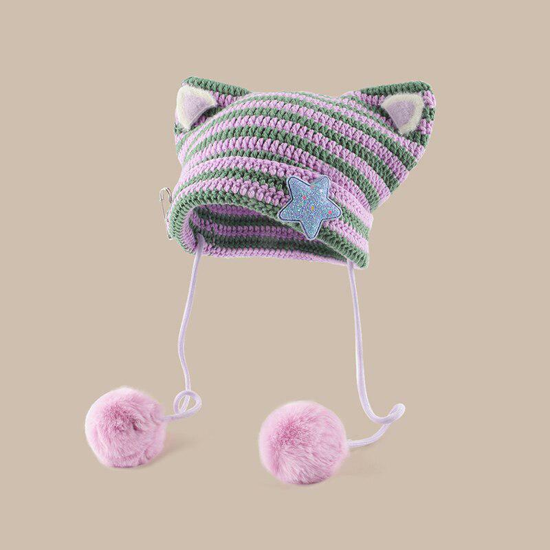 Kawaii Cat Ear Pom-Pom Beanie - Y2K Aesthetic Winter Fashion Accessory