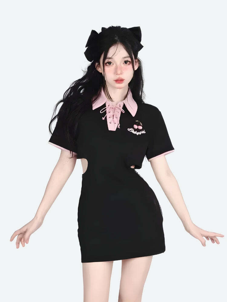 Kawaii Cherry Cut-Out Polo Dress - Y2K Aesthetic Coquette Style