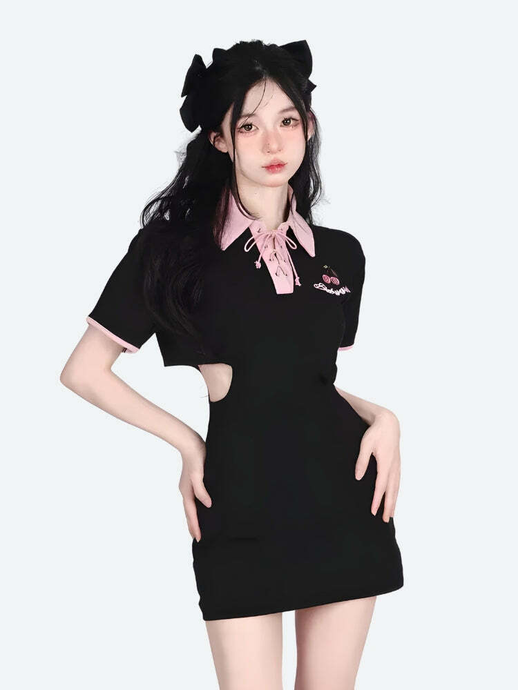 Kawaii Cherry Cut-Out Polo Dress - Y2K Aesthetic Coquette Style