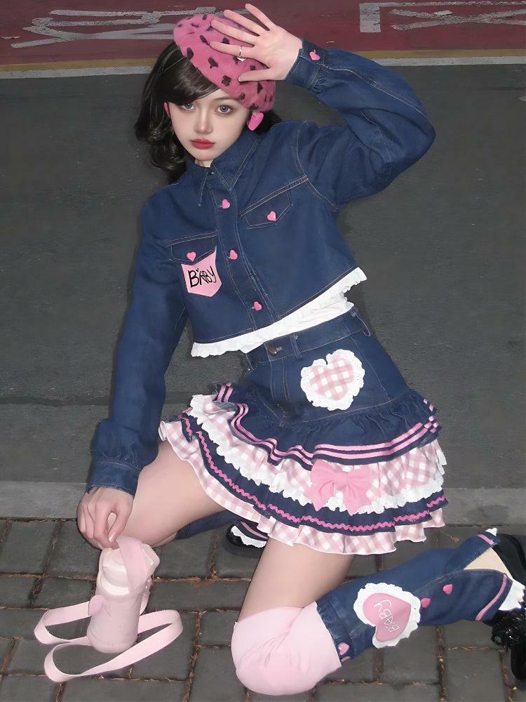 Kawaii Layered Denim Mini Skirt - Y2K Aesthetic Coquette Style Fashion