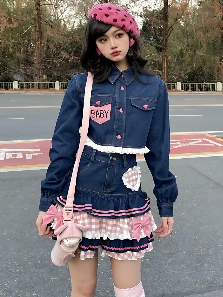 Kawaii Layered Denim Mini Skirt - Y2K Aesthetic Coquette Style Fashion