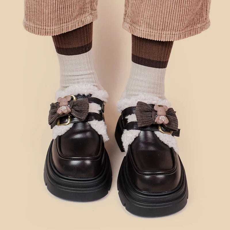 Kawaii Teddy Bear Platform Oxford Shoes for Y2K Aesthetic Fashion