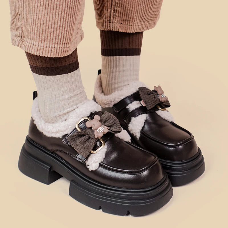 Kawaii Teddy Bear Platform Oxford Shoes for Y2K Aesthetic Fashion